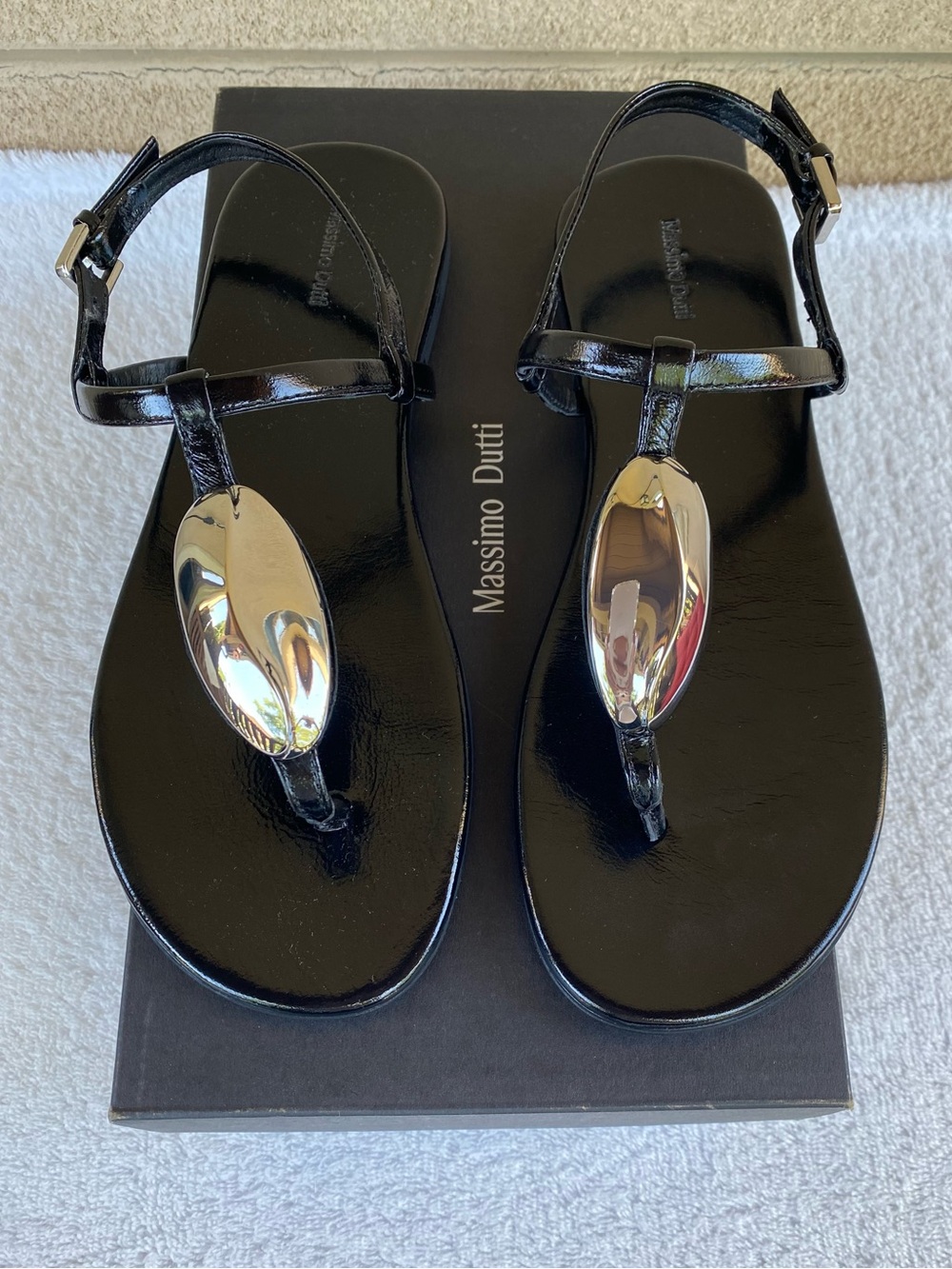 Massimo Dutti Black Patent Leather T-Strap Sandals with Silver Oval Accent